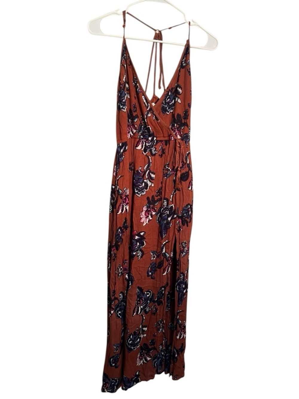 Band of Gypsies Womens Sz Small Maxi Dress Sleeveless Brick Teal Floral Surplice